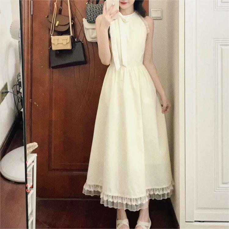 溫柔風蝴蝶結蕾絲邊連身裙