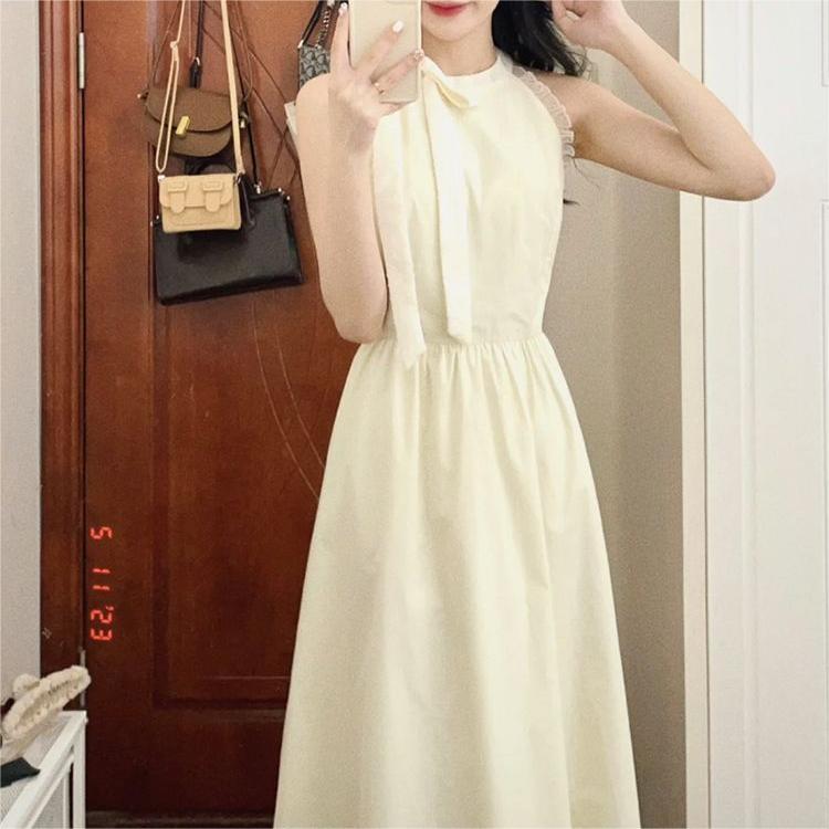 溫柔風蝴蝶結蕾絲邊連身裙