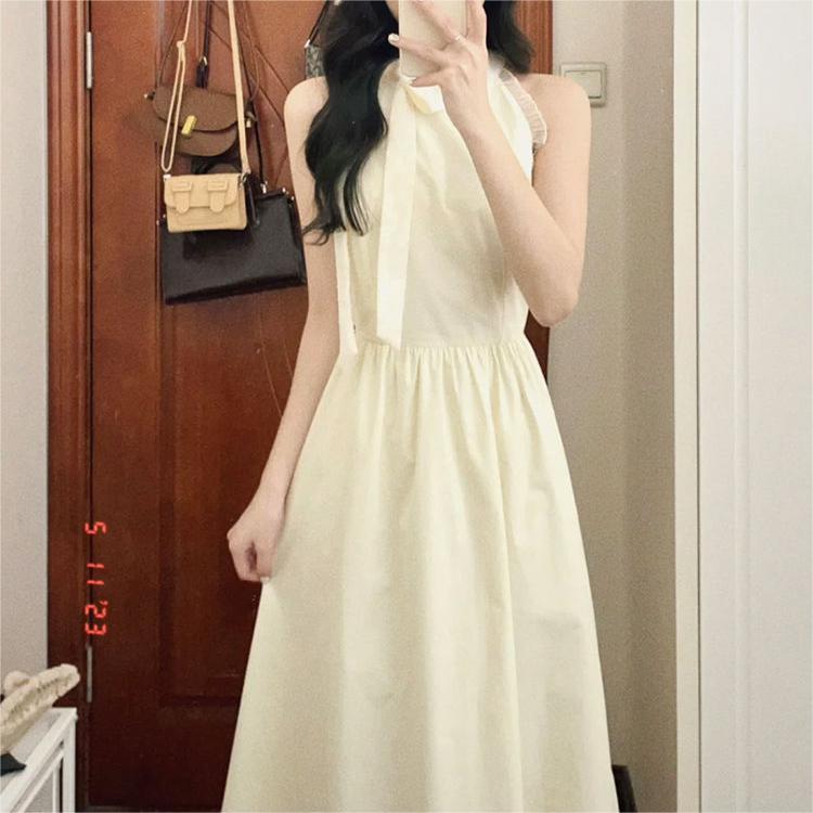 溫柔風蝴蝶結蕾絲邊連身裙