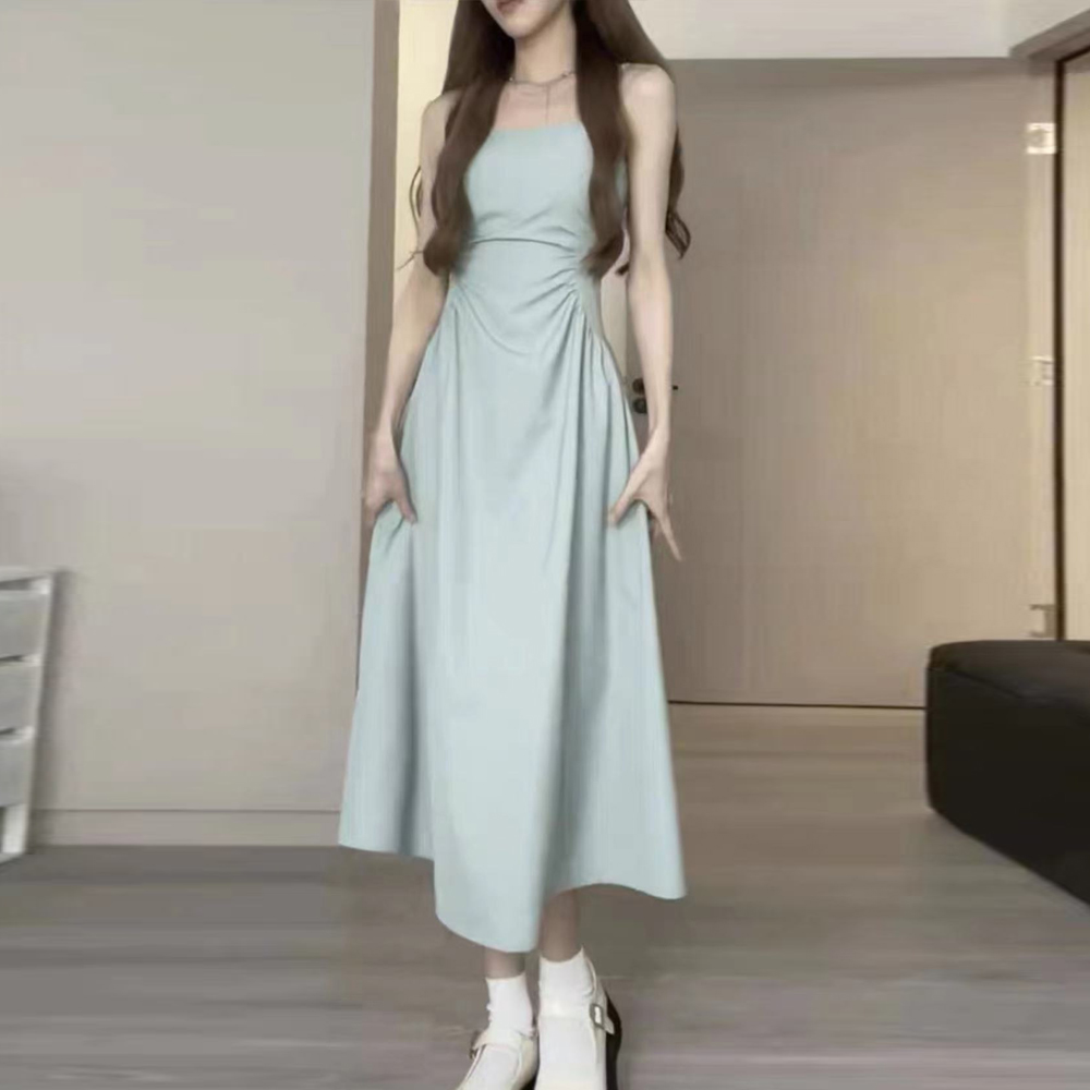 氣質純色褶皺設計吊帶連身裙