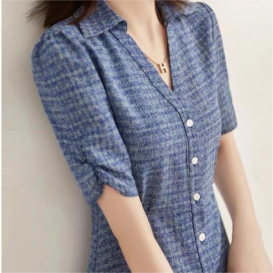 輕熟風高腰V領短袖魚尾擺連身裙