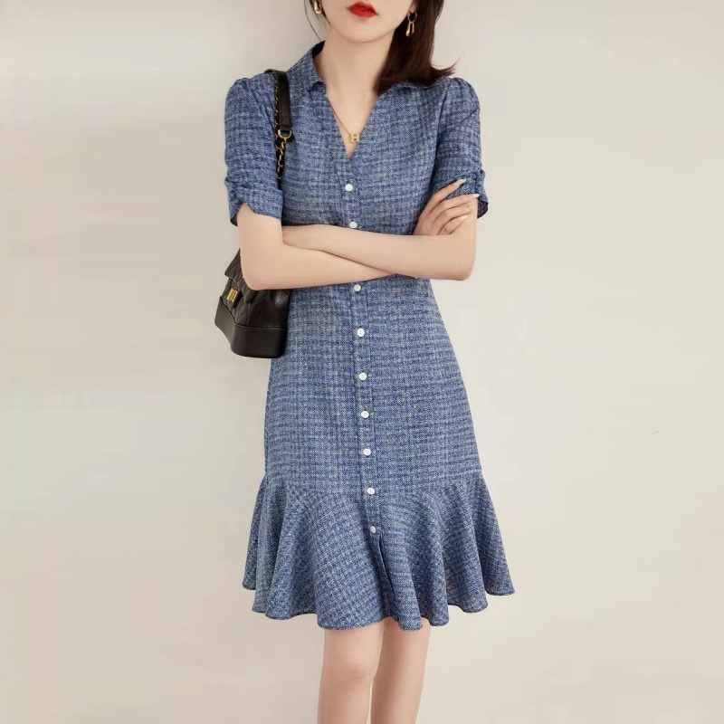 輕熟風高腰V領短袖魚尾擺連身裙