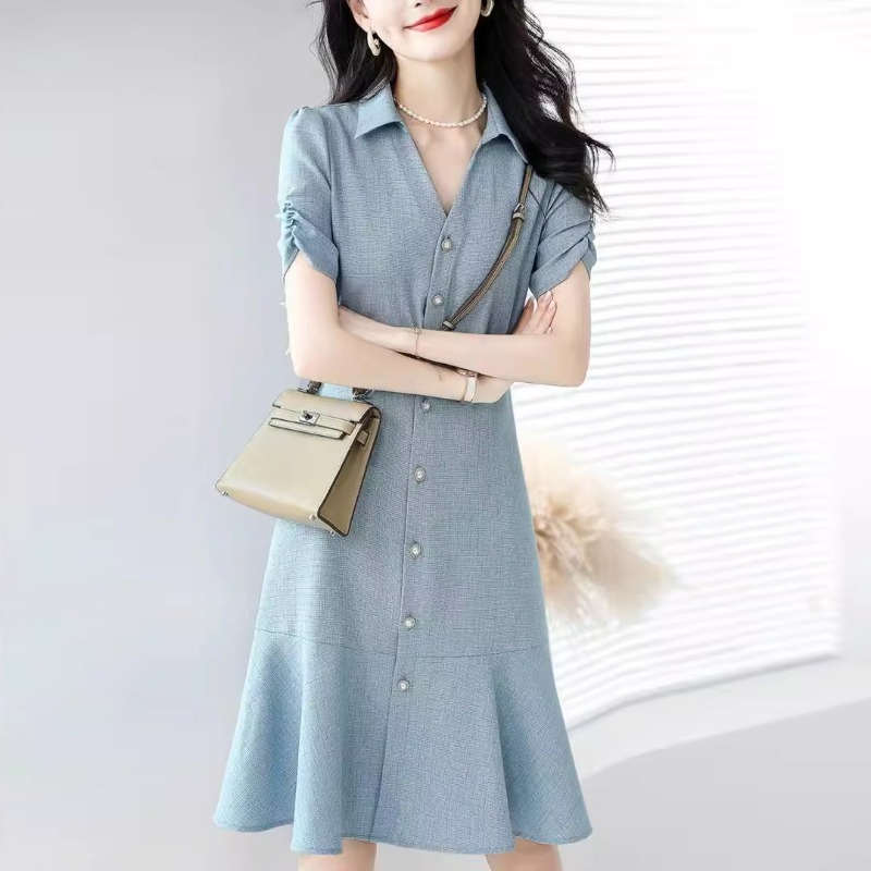 法式V領收腰襯衫洋裝