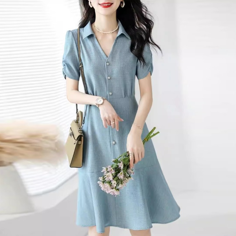 法式V領收腰襯衫洋裝