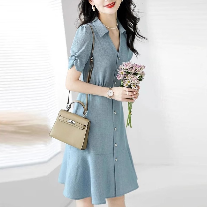 法式V領收腰襯衫洋裝