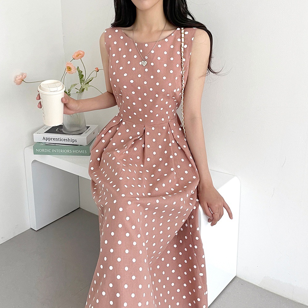 氣質波點減齡拼接壓褶連身裙