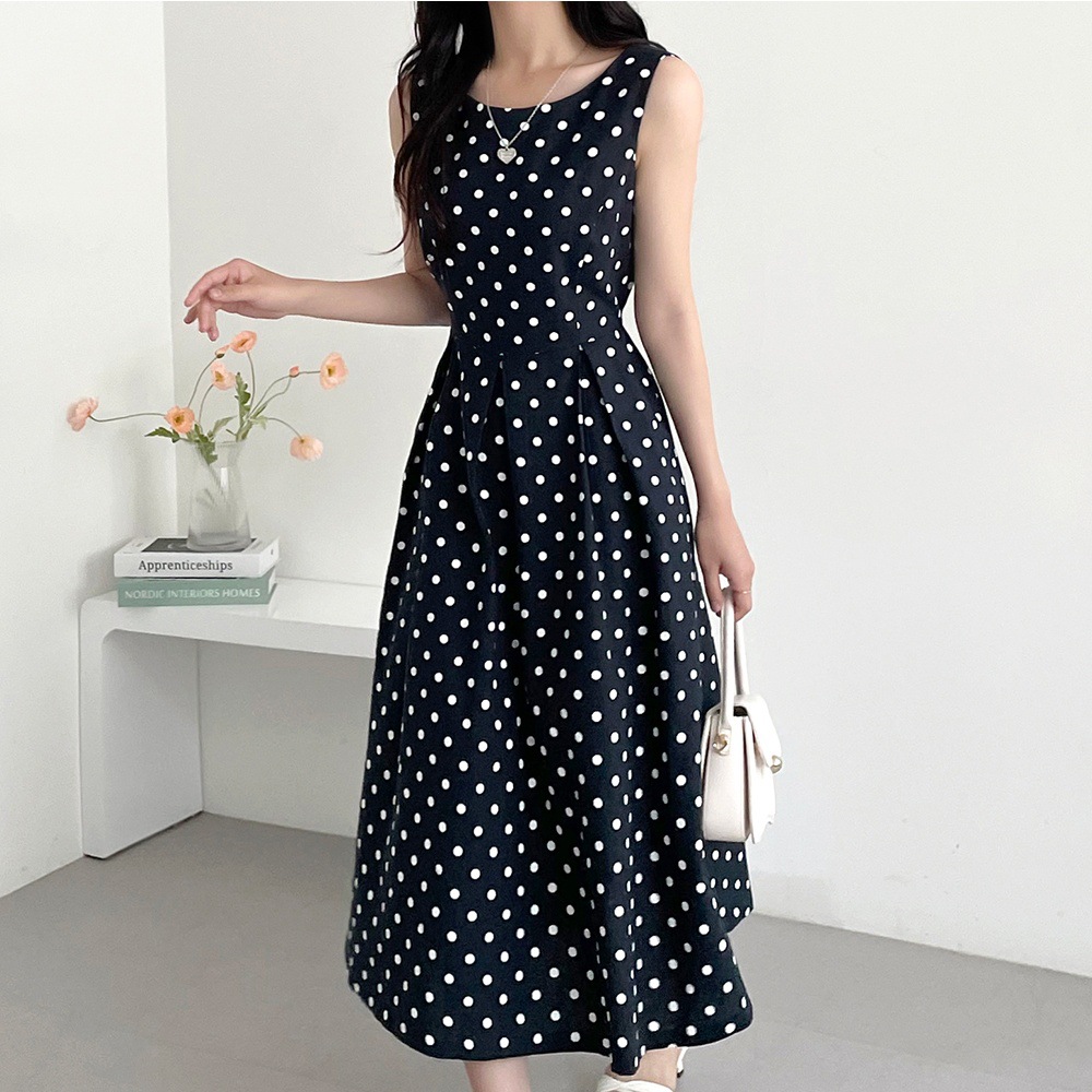 氣質波點減齡拼接壓褶連身裙