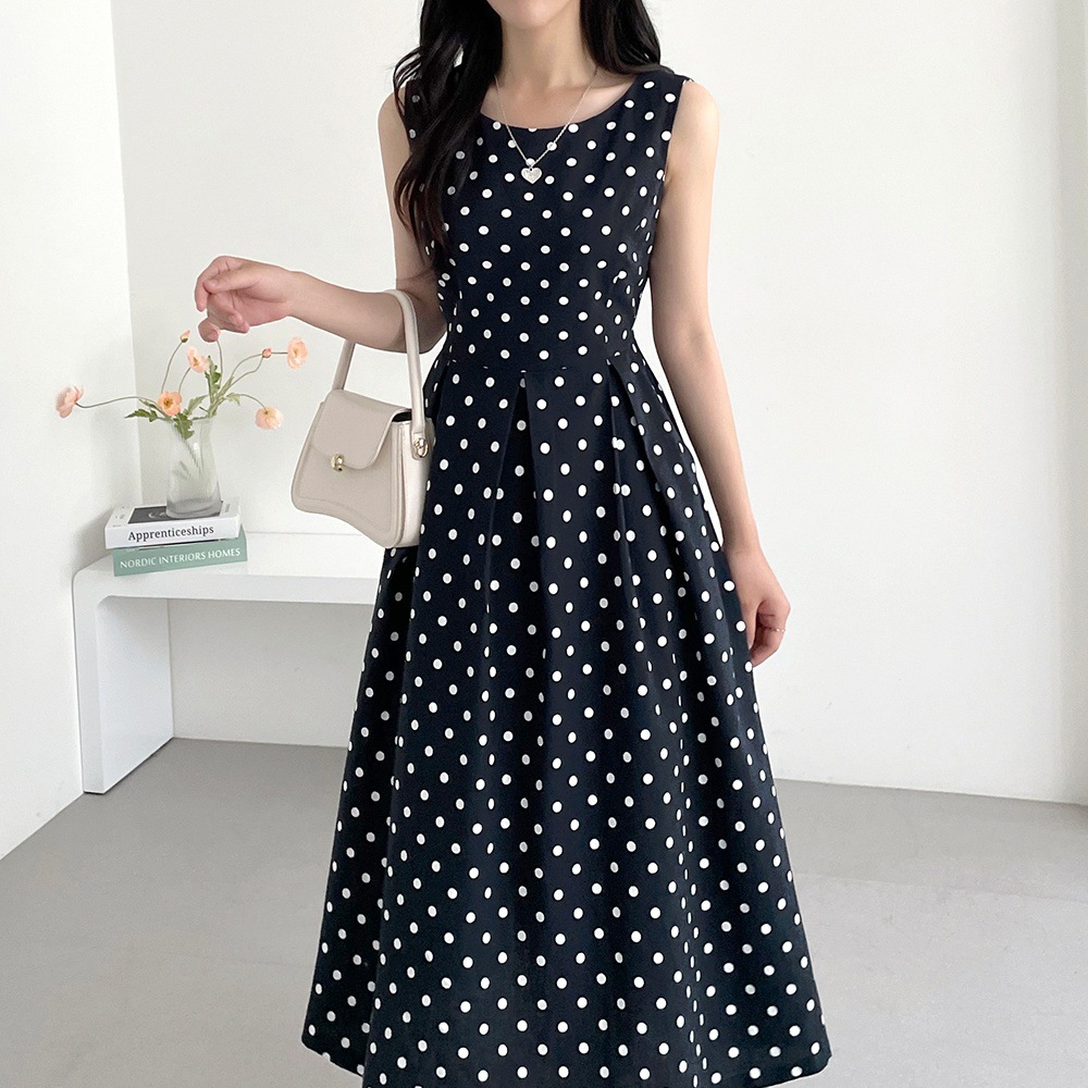 氣質波點減齡拼接壓褶連身裙