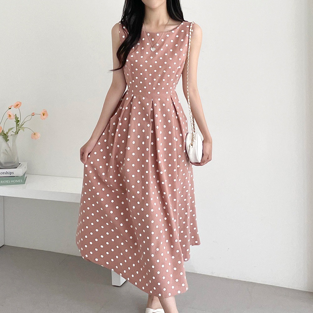 氣質波點減齡拼接壓褶連身裙