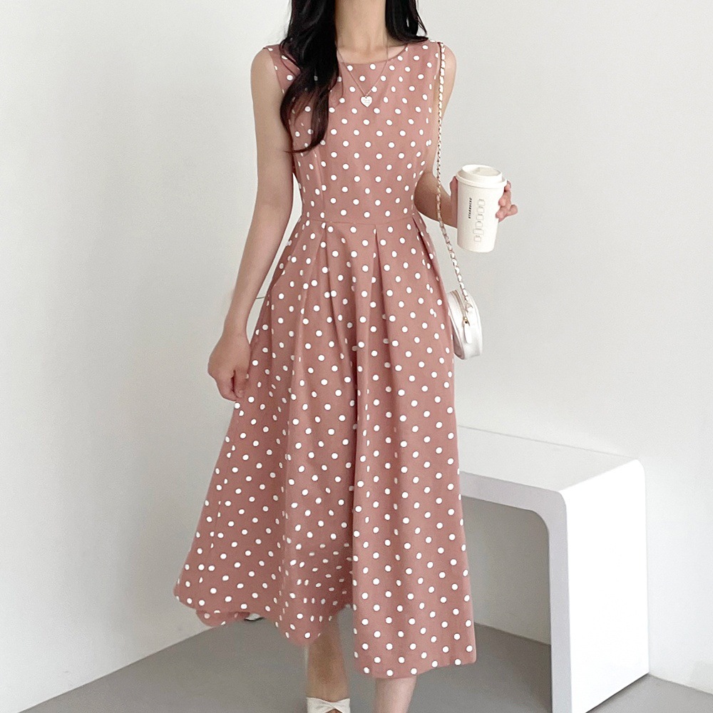 氣質波點減齡拼接壓褶連身裙