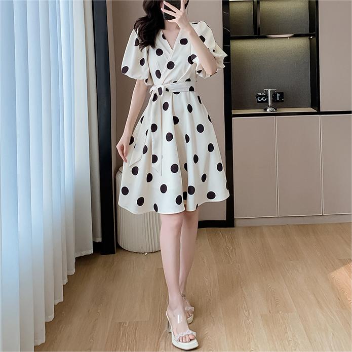 法式甜美波點顯瘦高腰連身裙