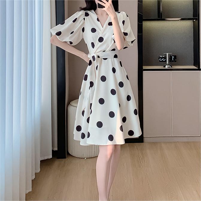 法式甜美波點顯瘦高腰連身裙