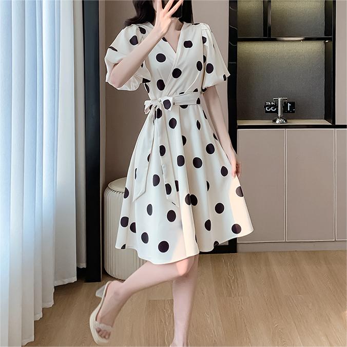 法式甜美波點顯瘦高腰連身裙