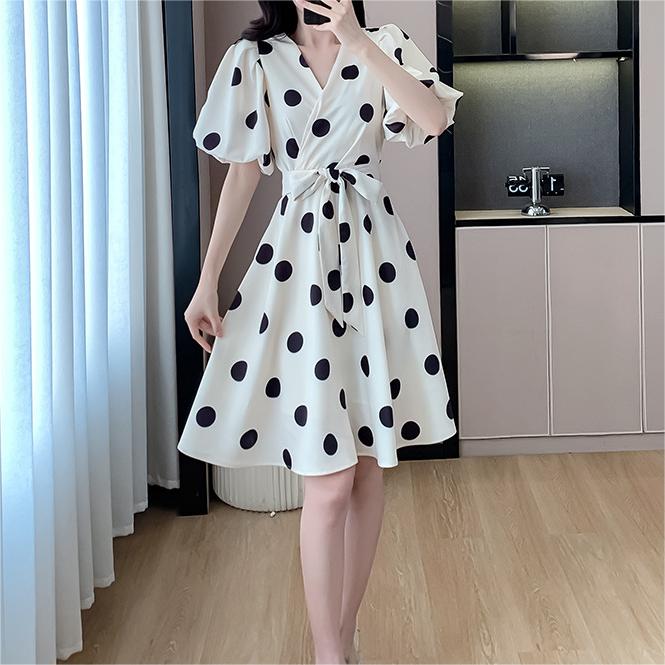 法式甜美波點顯瘦高腰連身裙