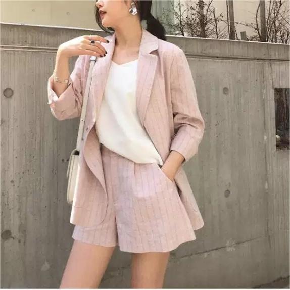韓版條紋西服短褲兩件套