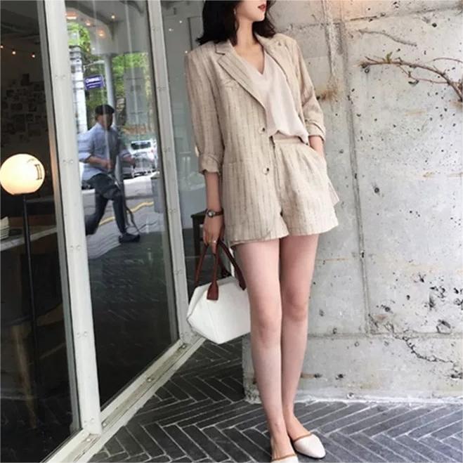 韓版條紋西服短褲兩件套