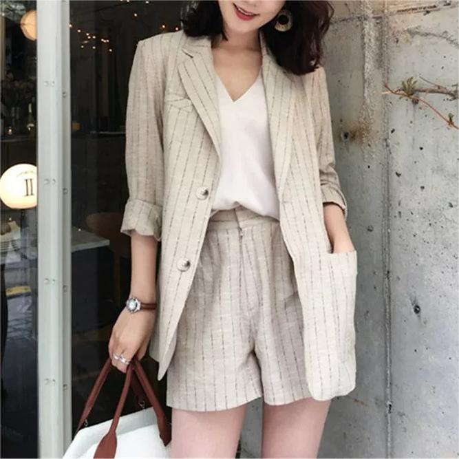 韓版條紋西服短褲兩件套