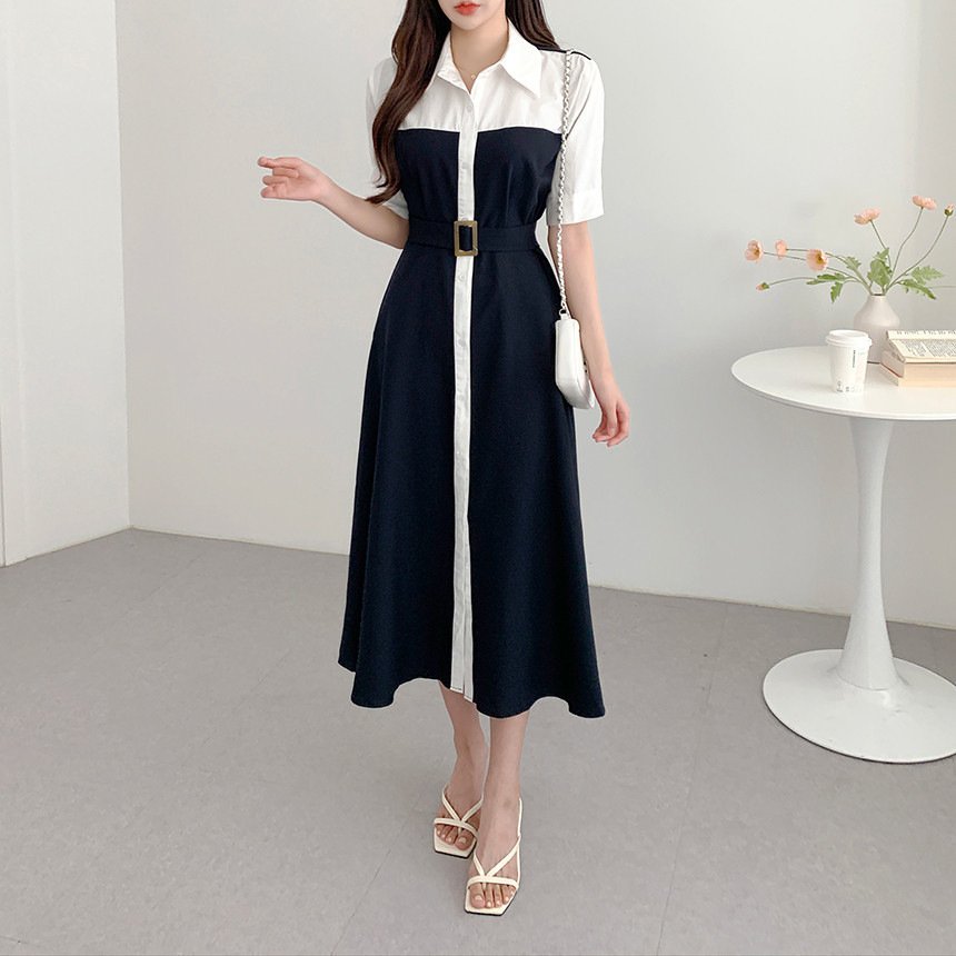 輕熟氣質拼接撞色收腰繫帶連身裙