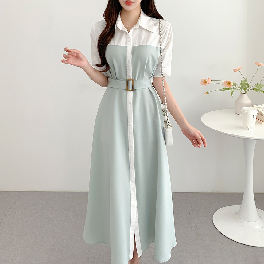 輕熟氣質拼接撞色收腰繫帶連身裙