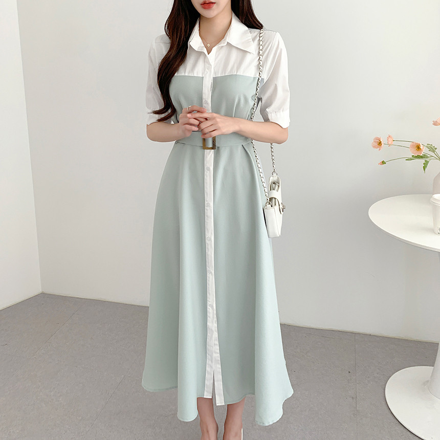 輕熟氣質拼接撞色收腰繫帶連身裙