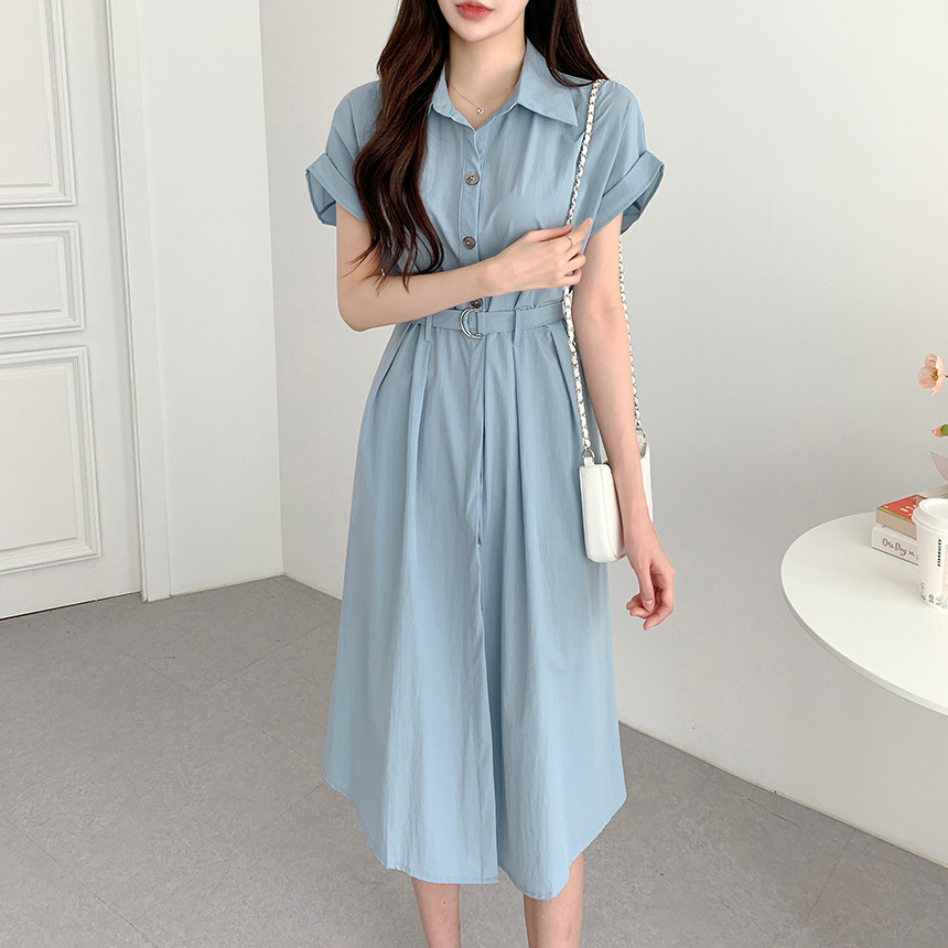 溫柔輕熟純色高腰短袖連身裙