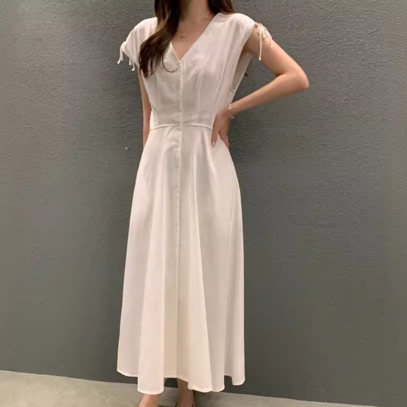 輕熟氣質V領抽繩袖單排扣A字連身裙