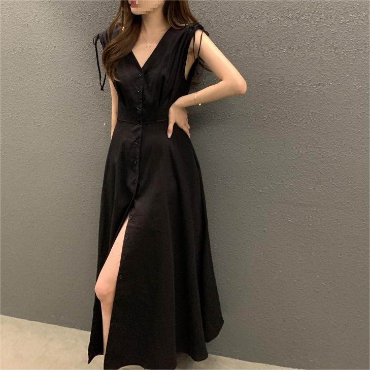 輕熟氣質V領抽繩袖單排扣A字連身裙