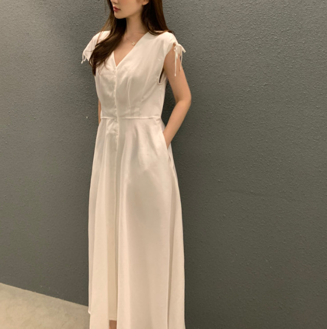 輕熟氣質V領抽繩袖單排扣A字連身裙