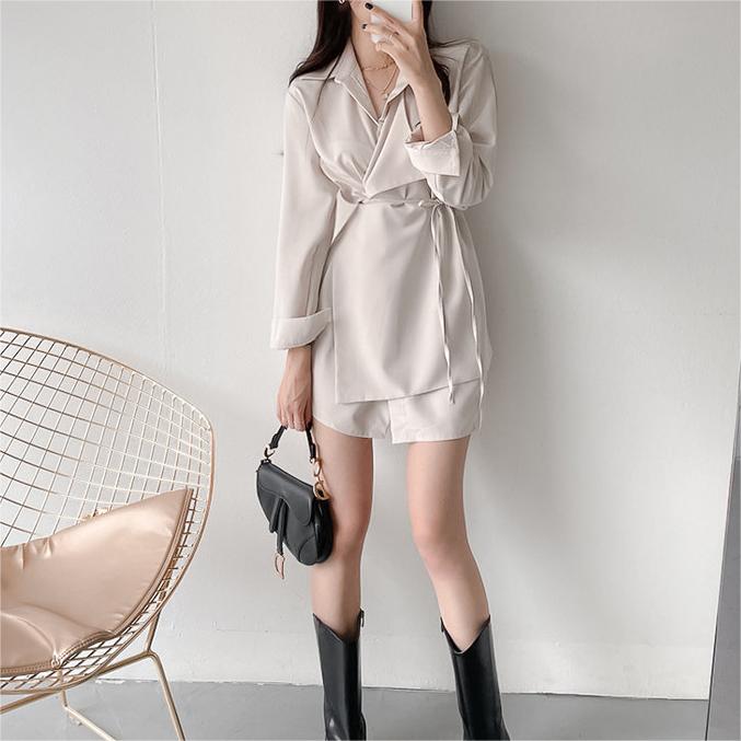 設計感純色不規則綁帶交叉連身裙