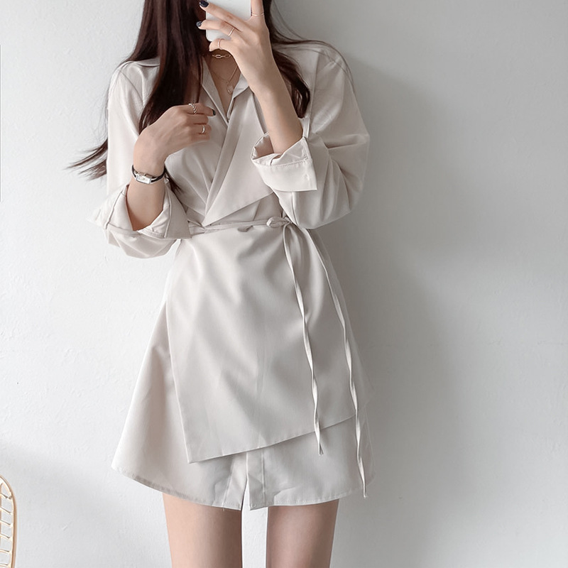 設計感純色不規則綁帶交叉連身裙