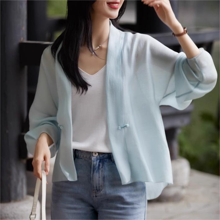 新中式純色長袖外搭短防曬衣