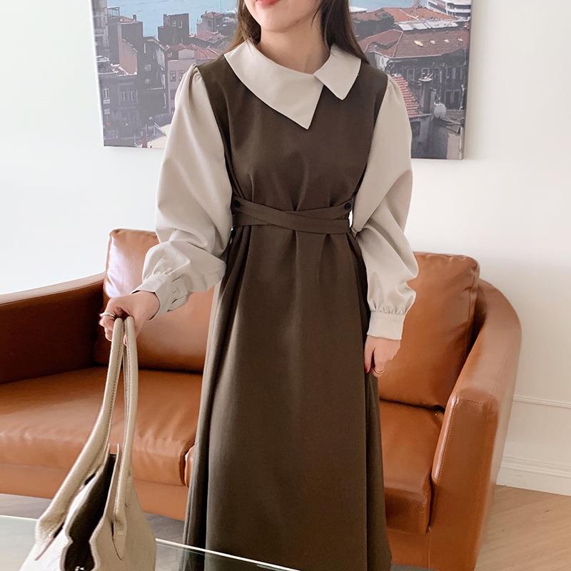 韓國chic撞色假兩件交叉繫帶收腰泡泡袖連身裙