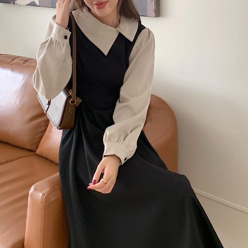 韓國chic撞色假兩件交叉繫帶收腰泡泡袖連身裙