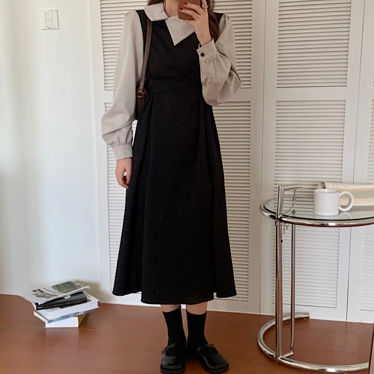 韓國chic撞色假兩件交叉繫帶收腰泡泡袖連身裙