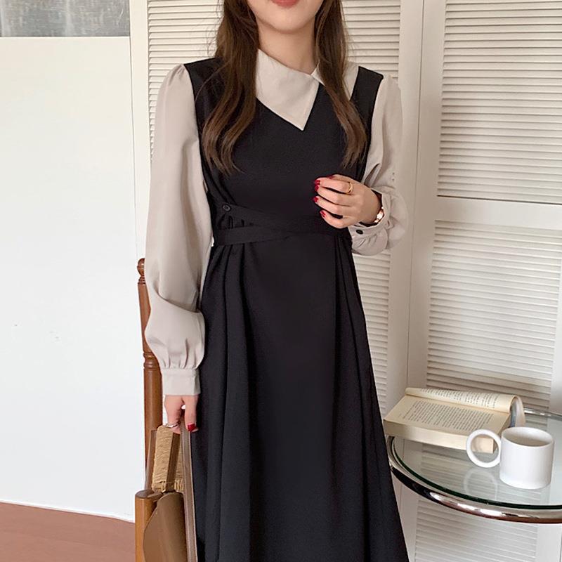 韓國chic撞色假兩件交叉繫帶收腰泡泡袖連身裙