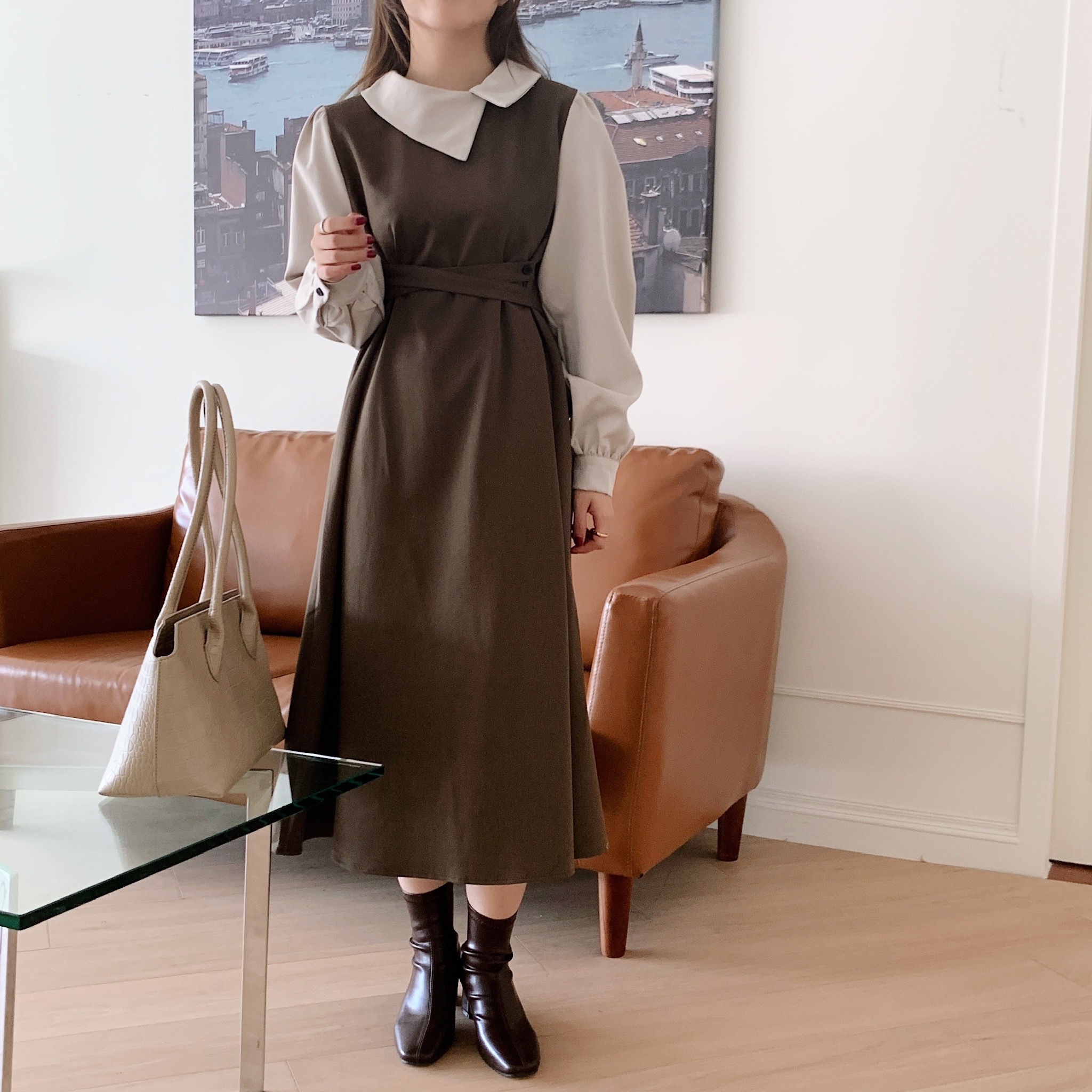 韓國chic撞色假兩件交叉繫帶收腰泡泡袖連身裙