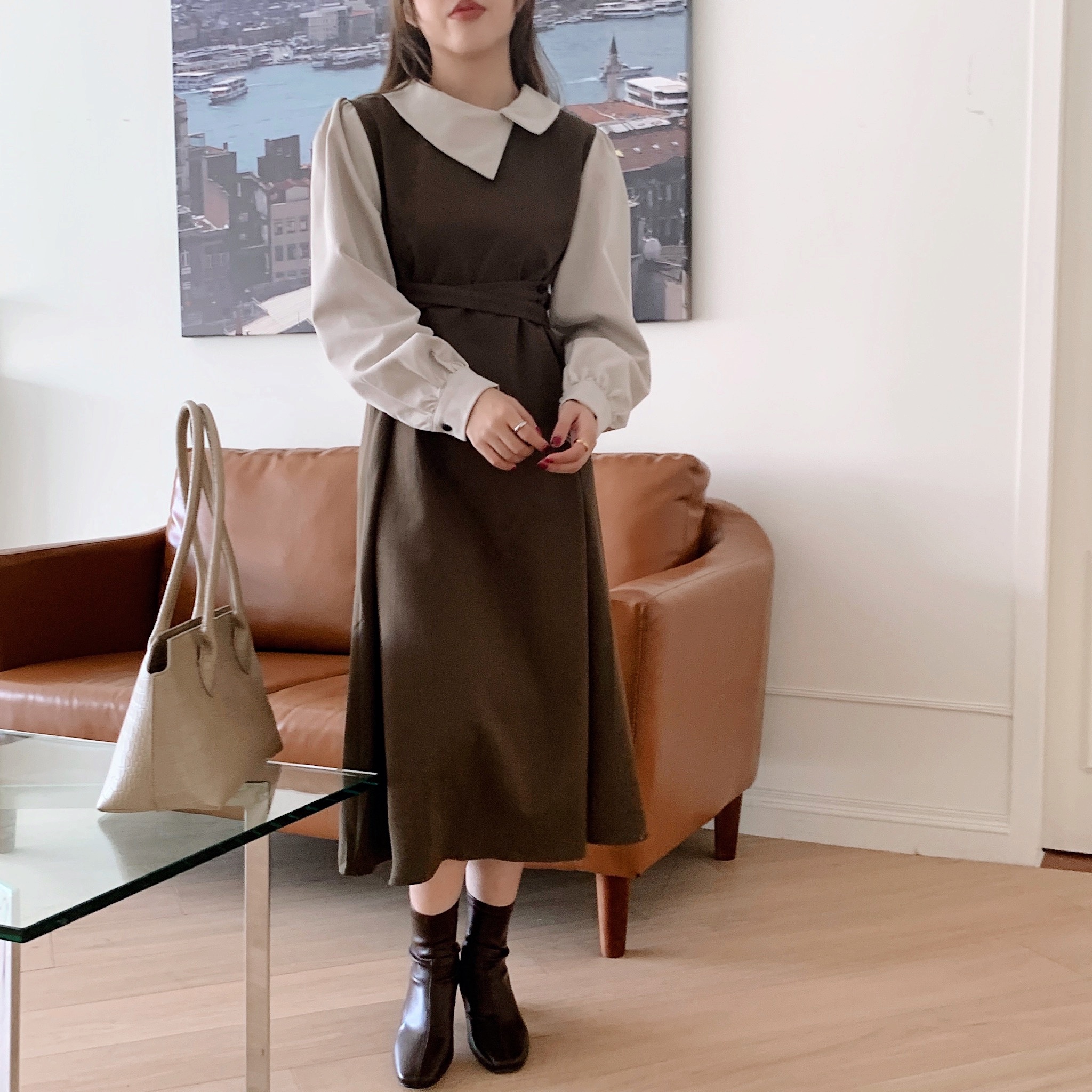 韓國chic撞色假兩件交叉繫帶收腰泡泡袖連身裙