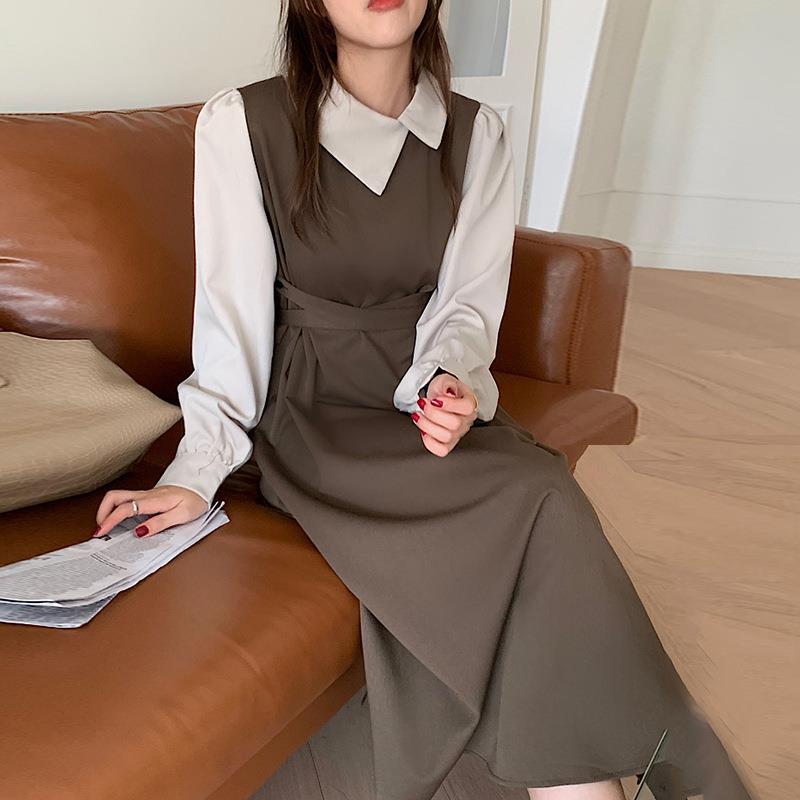 韓國chic撞色假兩件交叉繫帶收腰泡泡袖連身裙