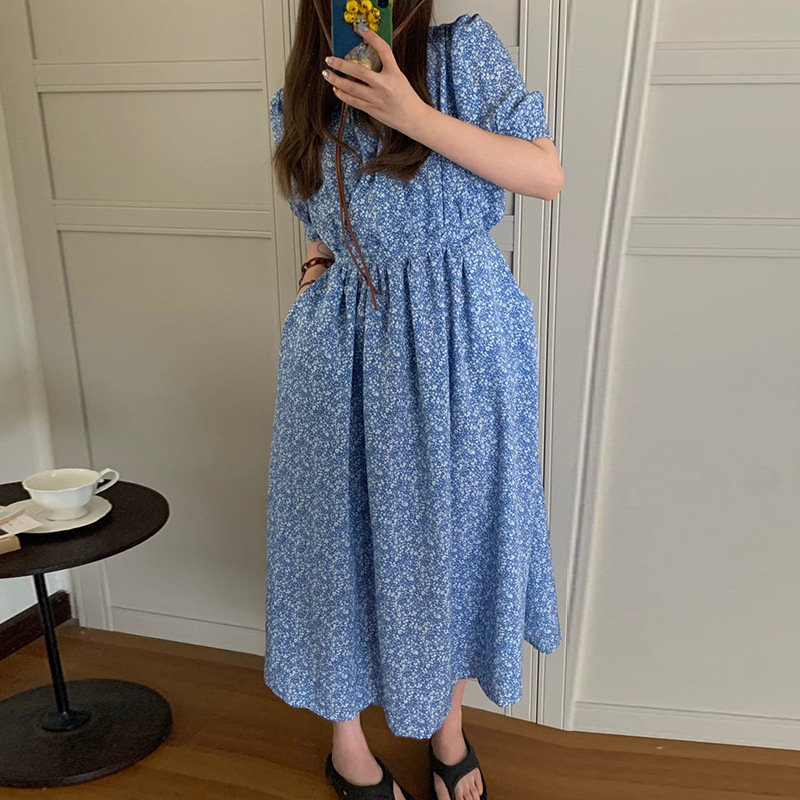 氣質V領交叉褶皺碎花泡泡袖連身裙