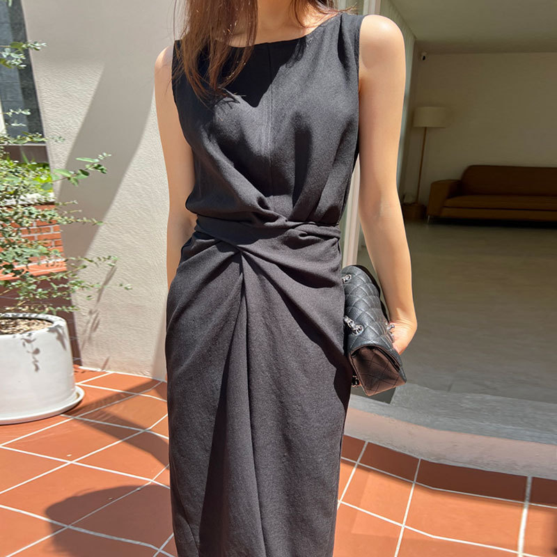 復古簡約圓領扭結綁帶無袖背心連身裙