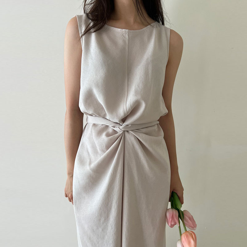 復古簡約圓領扭結綁帶無袖背心連身裙