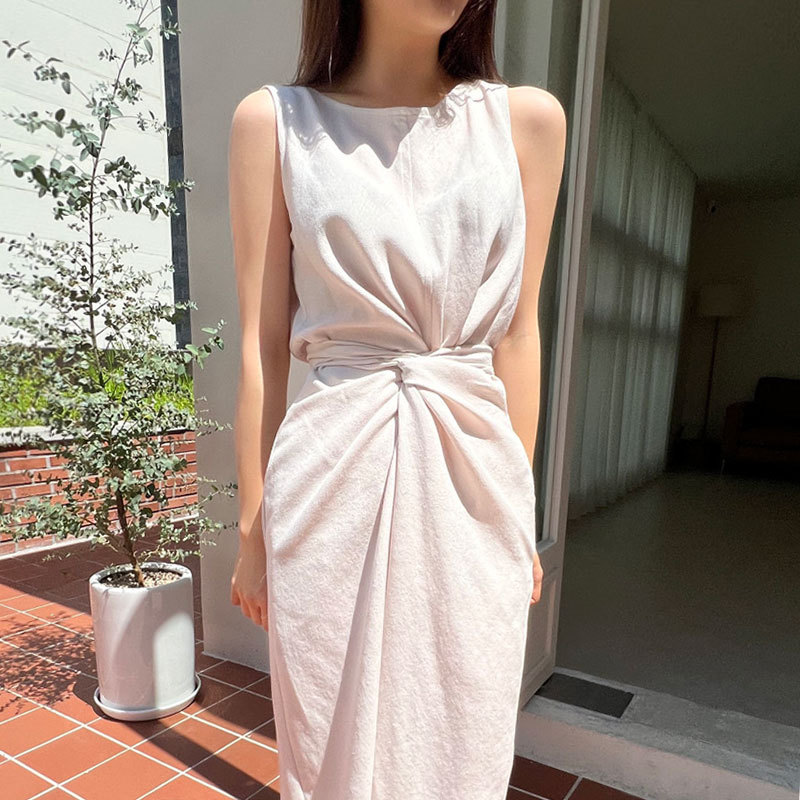 復古簡約圓領扭結綁帶無袖背心連身裙
