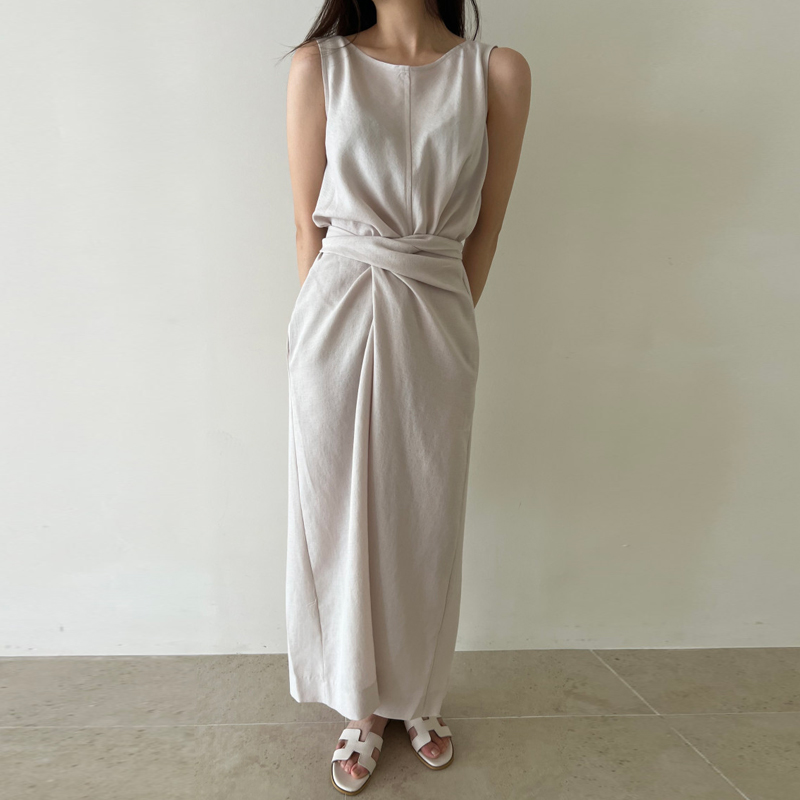 復古簡約圓領扭結綁帶無袖背心連身裙