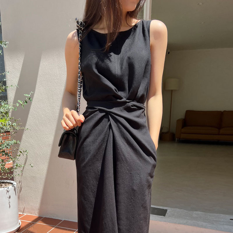 復古簡約圓領扭結綁帶無袖背心連身裙