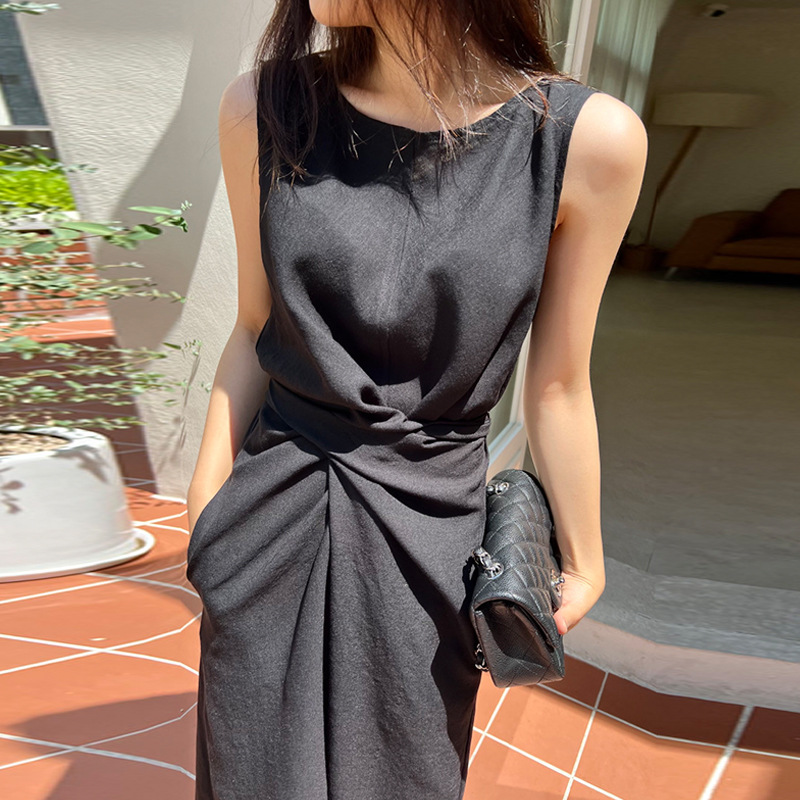 復古簡約圓領扭結綁帶無袖背心連身裙