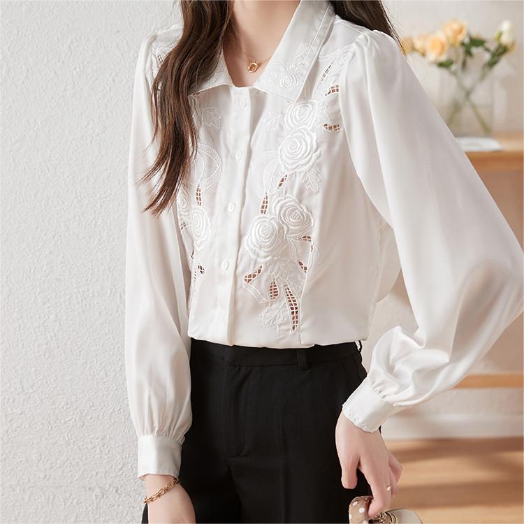 法式刺繡翻領鏤空長袖襯衫