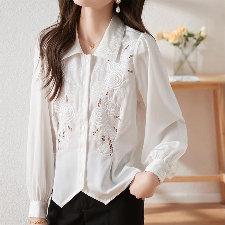 法式刺繡翻領鏤空長袖襯衫