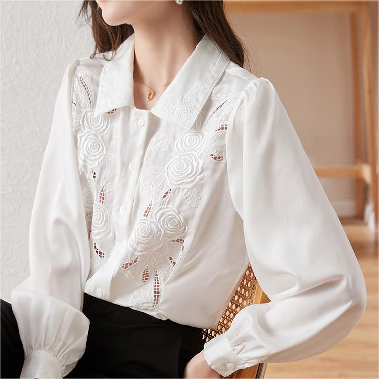 法式刺繡翻領鏤空長袖襯衫