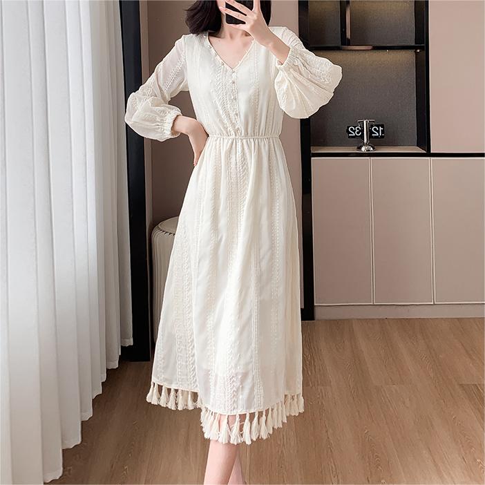 氣質純色V領流蘇連身裙