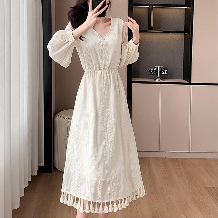 氣質純色V領流蘇連身裙